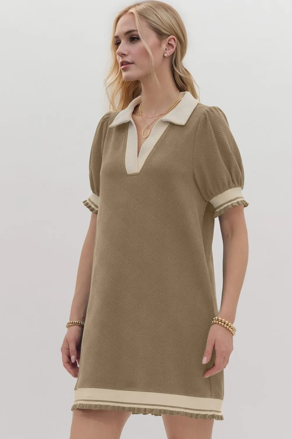 Oh Frill Contrast Trim Johnny Collar Short Sleeve Mini Dress - Velora