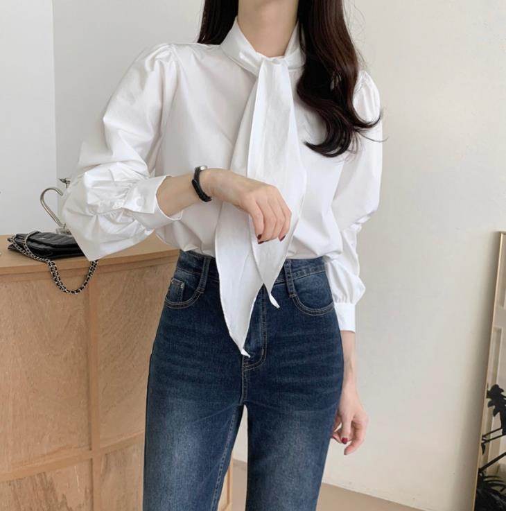 Spring New Gentle Lace-up Bow Tie Design Puff Sleeve Solid Color Shirt For Women - Velora