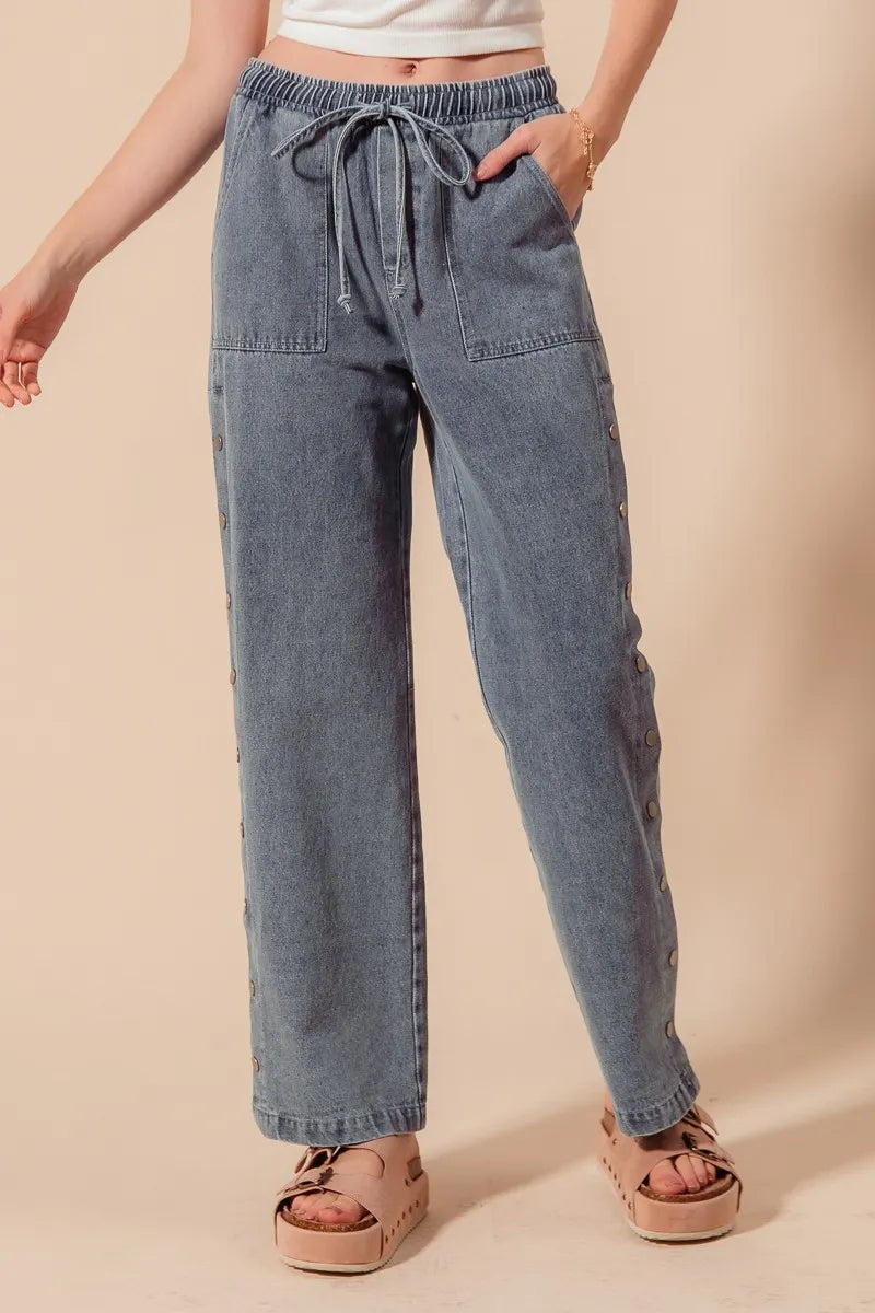 SO ME Mid Rise Drawstring Jeans with Side Snap Button - Velora