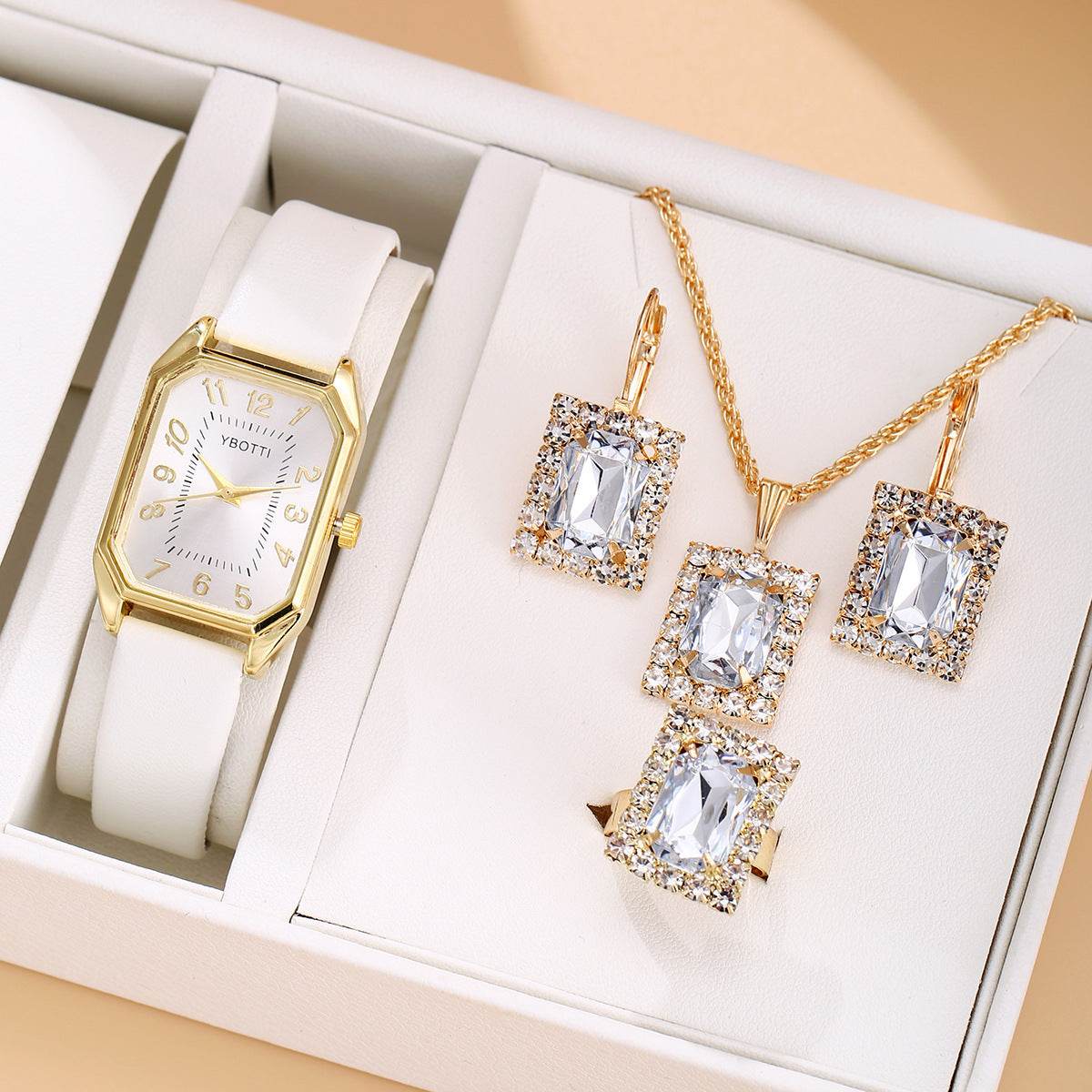 Leather Women's Watch Square Quartz Watch Korean Necklace Earrings Ring Set - Velora