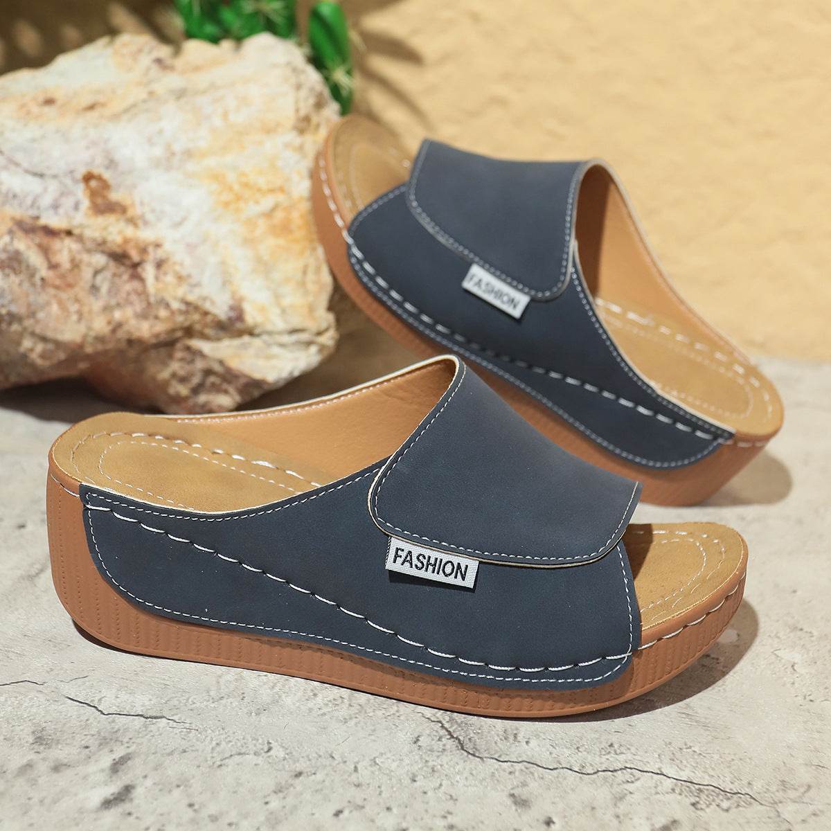 Summer Wedge Slides Slippers Fashion Fish Mouth Thick Bottom Roman Shoes Solid Color Beach Sandals For Women - Velora