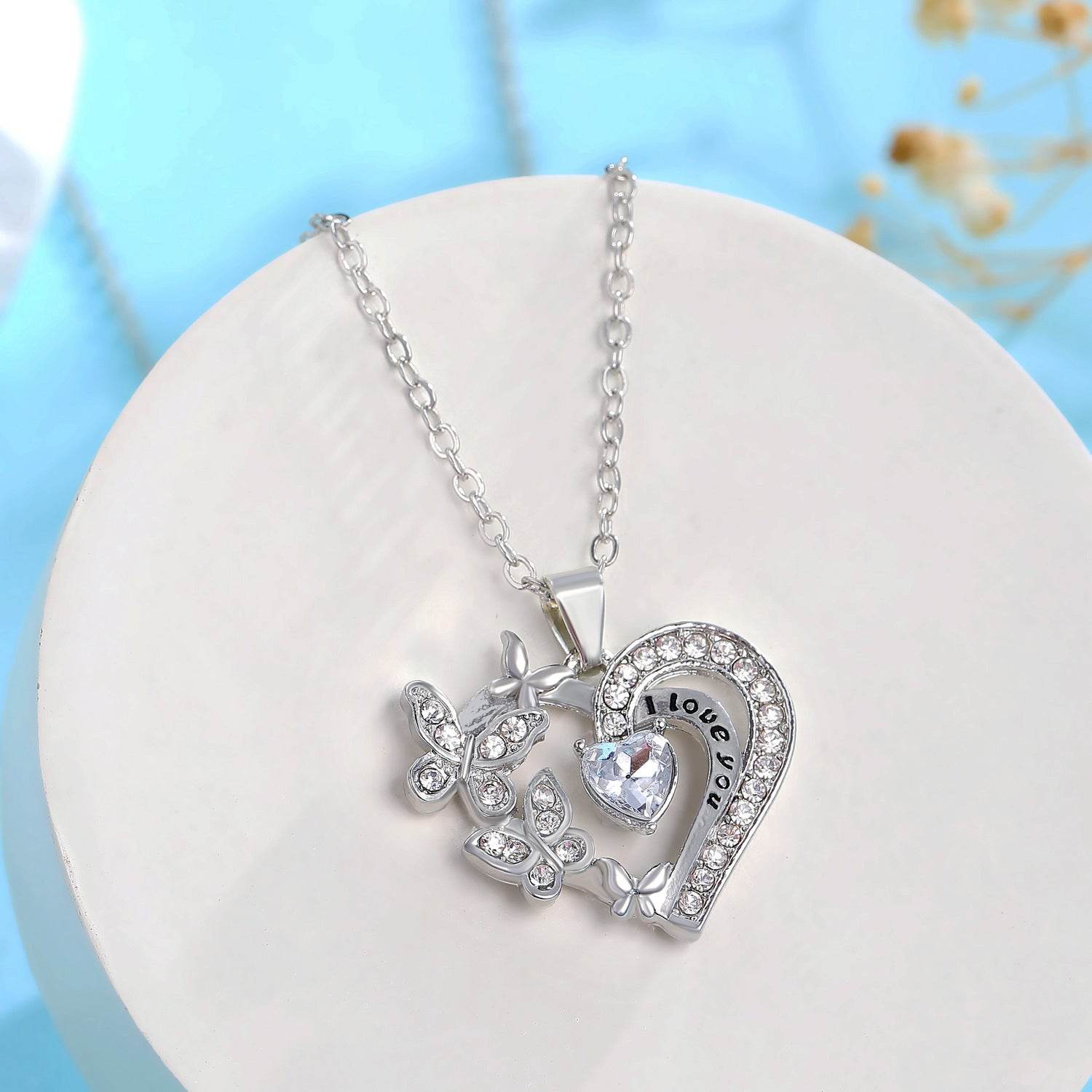 Ins Butterfly Love Necklace With Rhinestones Fashion Personality Hollow Heart-shaped Clavicle Chain Pendant Necklace For Valentine's Day - Velora