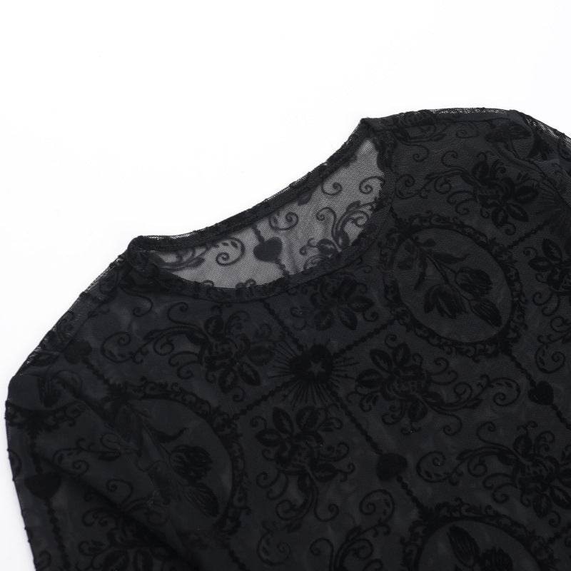 Elegant Slim-fit Tulip Flocking transparent lace top bodycon top women - Velora