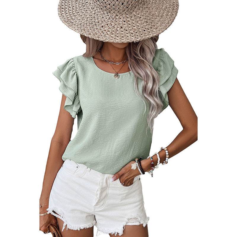 Summer Solid Color Petal Sleeve Pullover Women - Velora