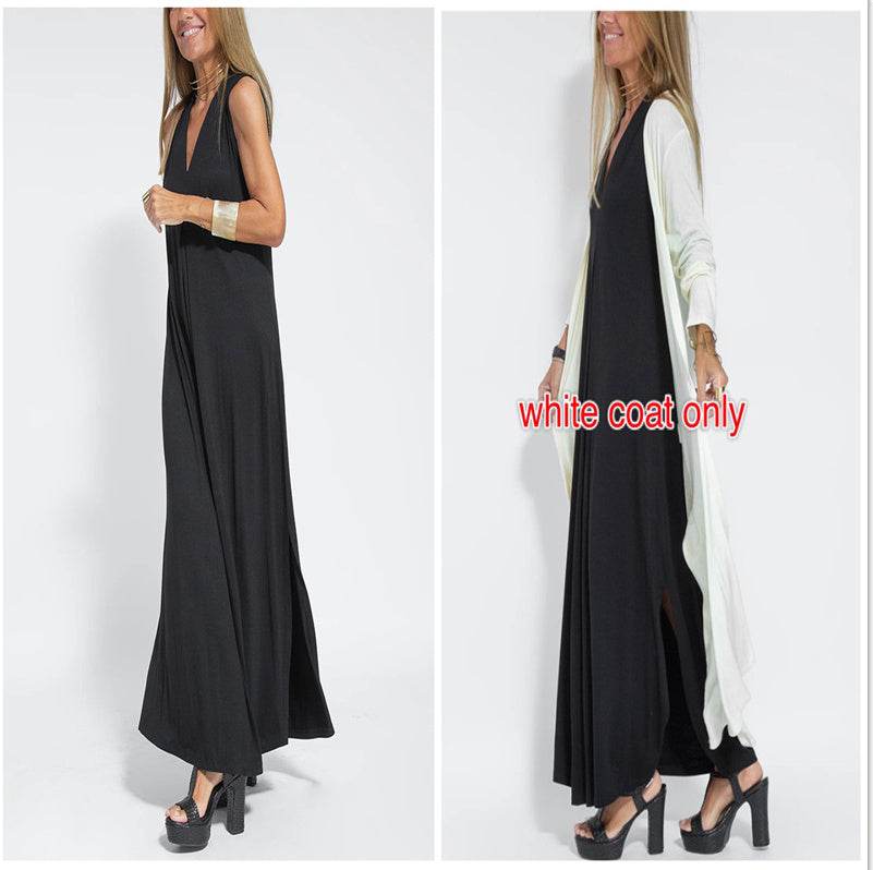 New Solid Color V-neck Sleeveless Dress Long Cardigan Jacket Suit For Women - Velora