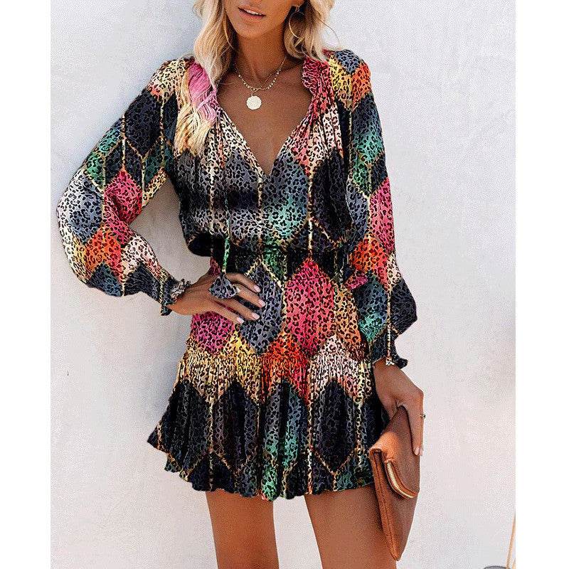 Flowers Print Long Sleeve Dress Fashion Patchwork Puff Sleeve Waist Dresses Womens Clothing - Velora