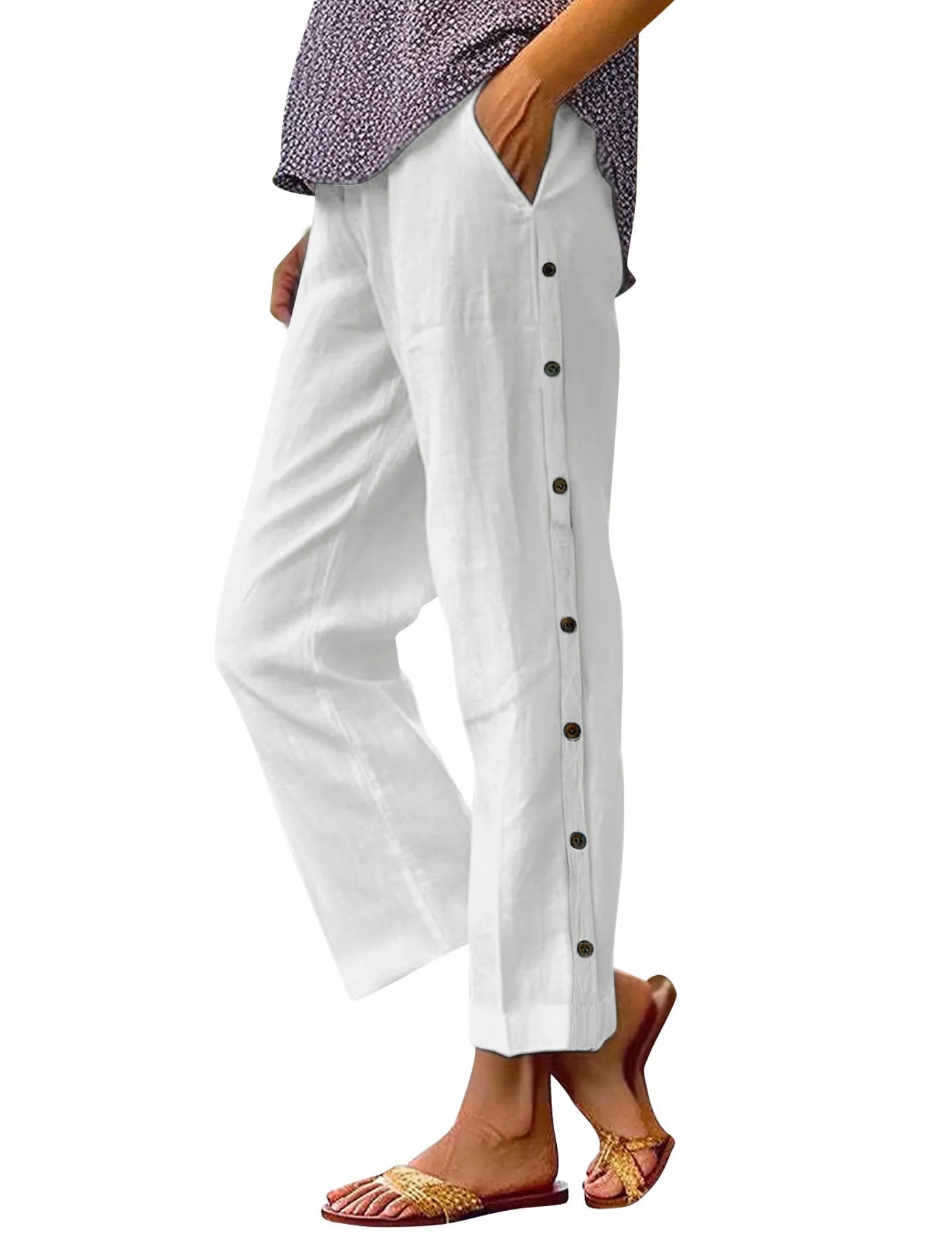 Full Size Side Decor Button Casual Wide Leg Pants Plus Size - Velora