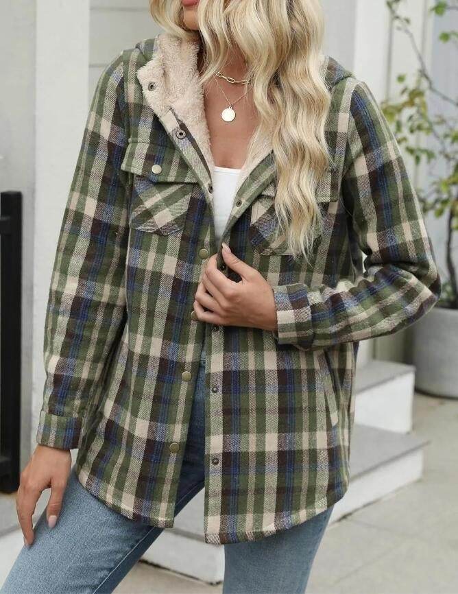Casual Plaid Hooded Woolen Coat Thickened Fleece-lined Warm Jacket - Velora
