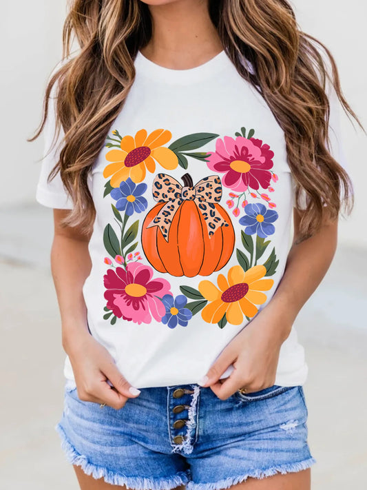 Pumpkin Floral Graphic Round Neck T-Shirt - Velora