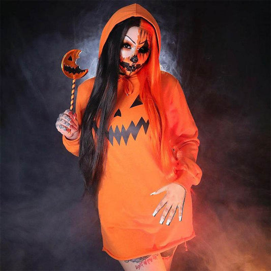 Halloween Costume Pumpkin Print Long Sleeve Hoodie Dress - Velora