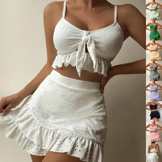 3pcs Beach Bikini With Hip-hugging Skirt Fashion Ruffle Design Swimsuit Set Summer Womens Clothing - Velora