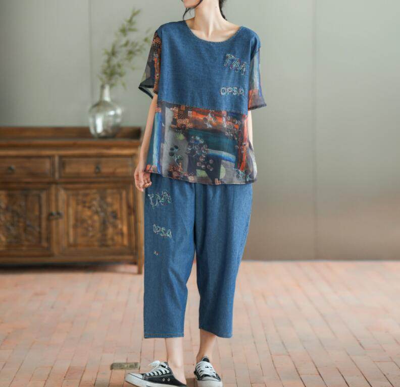 Loose Plus Size Stitching Printing Denim Suit Summer Thin Women's Casual Suit Two Fashion Sets - Velora