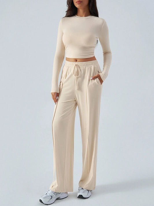 Round Neck Long Sleeve Top and Pants Set - Velora