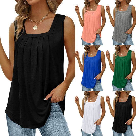 Summer cotton Tops For Women Loose Fit Pleated Square Neck Sleeveless Blouse Tops