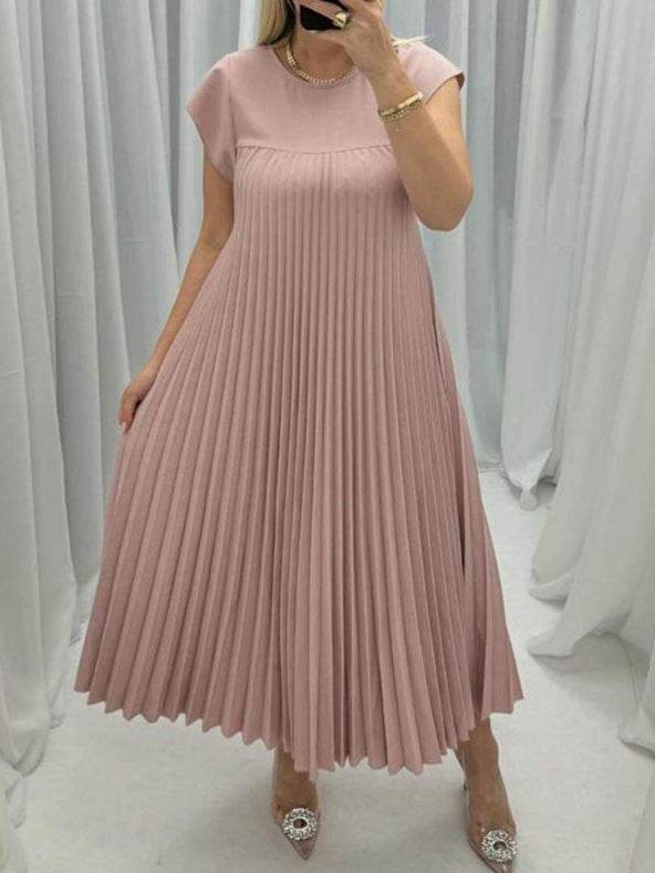 Short Sleeve Pleated Long Dress Summer Round Neck Dress Women's Clothing - Velora