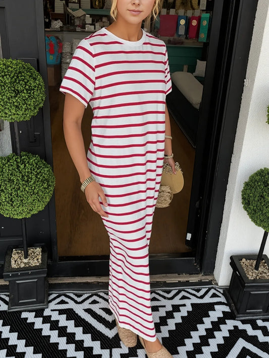 Full Size Striped T-Shirt Maxi Dress with Side Slit Plus Size - Velora