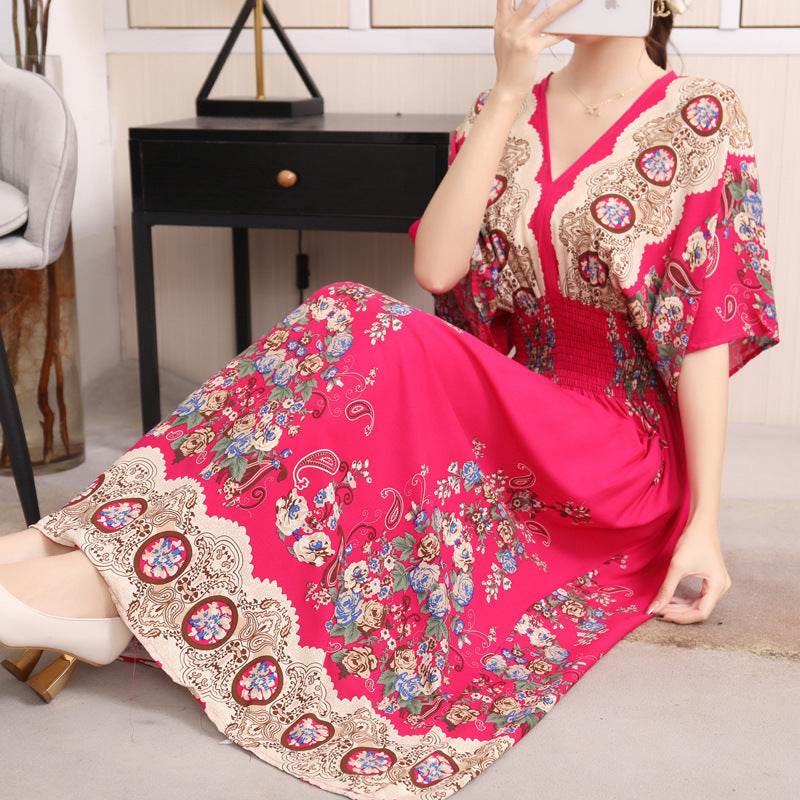 Cotton Silk Floral Dress Women's Summer Ethnic Style V-neck Short Sleeve Pastoral Style Skirt - Velora