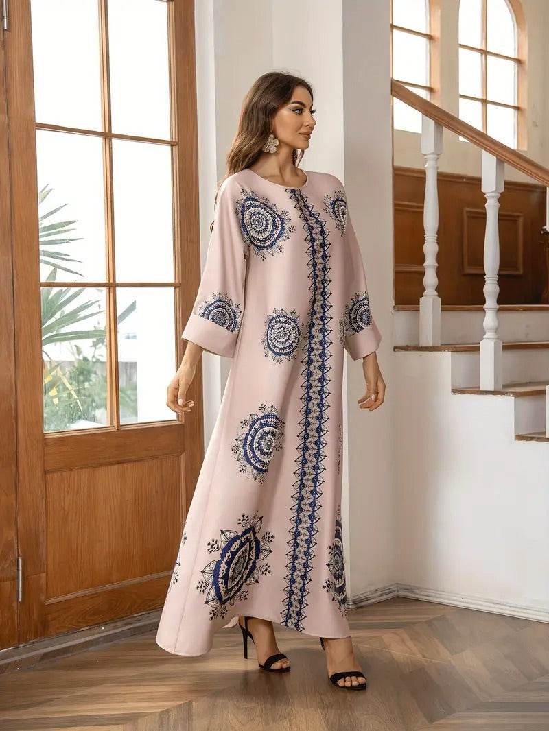 Long Women's Robe, Round Neck And Printed Dress - Velora