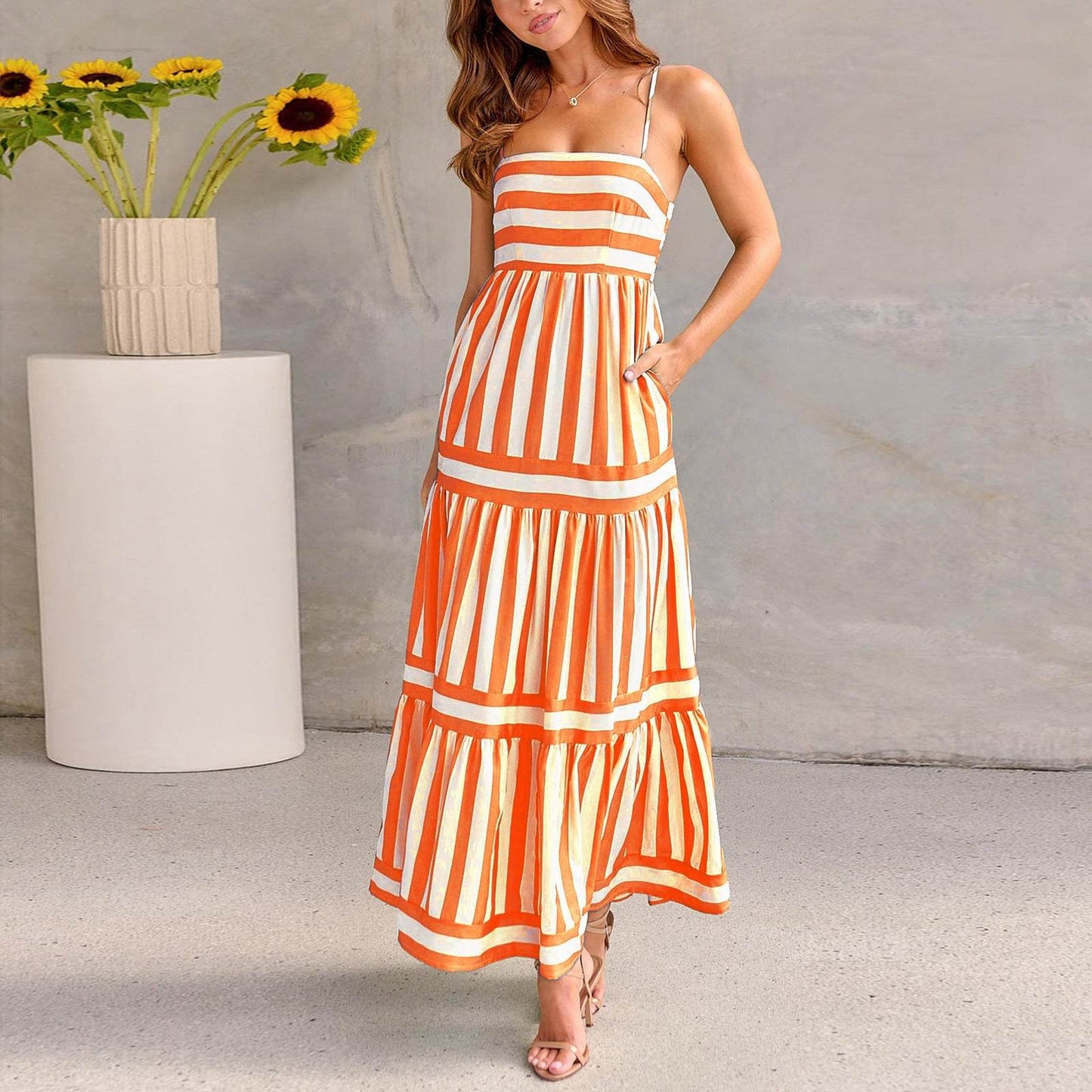 Summer Striped Printed Suspender Long Dress With Pockets Fashion Square Neck Backless Dresses For Beach Vacation Women Clothing - Velora