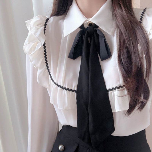 Elegant Bow Ruffled Tied Flared long Sleeves Shirt For Women - Velora