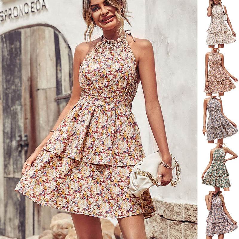 Summer Printed Halter Dress Fashion Boho Backless Ruffled A-Line Beach Dresses For Womens Clothing - Velora