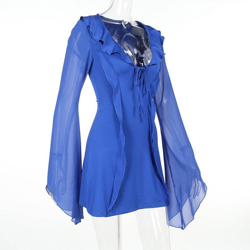 Sexy Ruffled V-neck Lace-up Long-sleeved Dress Fashion Y2K Skirt Slim Hip-covering Short Dresses For Womens Clothing - Velora