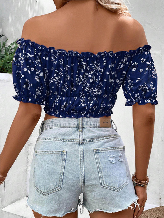 Women Vacation Style Casual Off-Shoulder Elastic Cropped Top With Floral Print - Velora