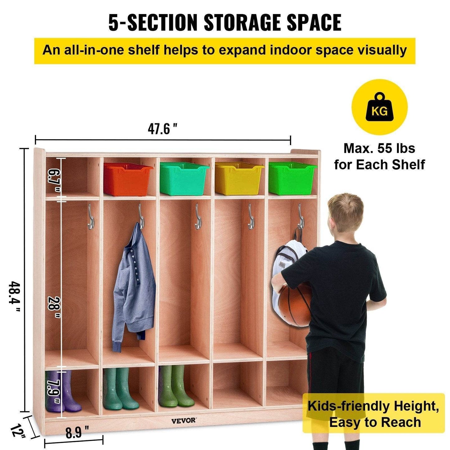 Preschool Cubby Lockers 5-Section Plywood Birch Coat Locker 15MM Thickness Kids Locker For Home 48.4 Inch High Durable Classroom Lockers For Toddlers And Kids Commercial Or Personal Use - Velora