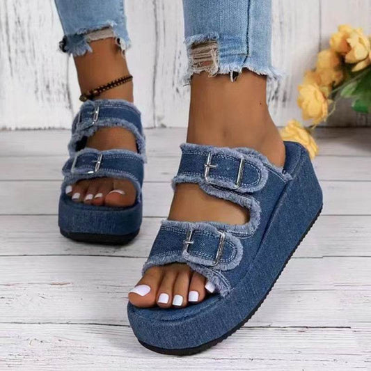 Fashion Denim Buckle Wedges Sandals Summer Outdoor High Heel Slippers Thick Bottom Camouflage Shoes For Women - Velora