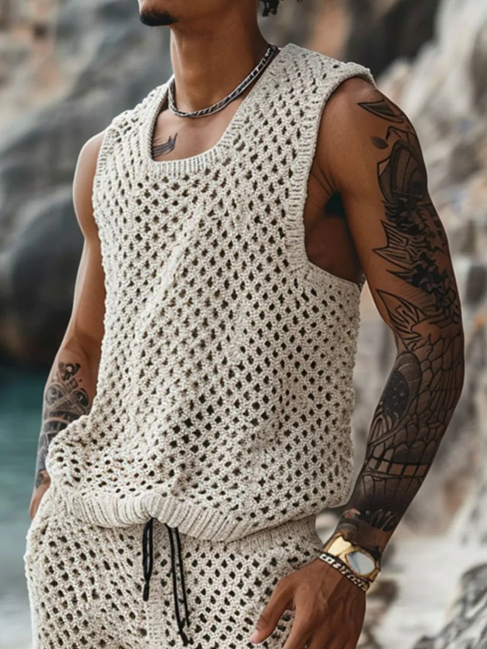 Men's Plus Size Hollow Out Round Neck Tank and Shorts Set - Velora