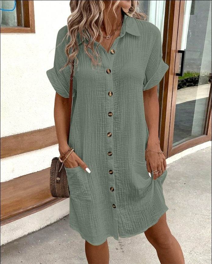 Summer Short Sleeve Shirt Dress Fashion Solid Color Single-breasted Mid-length Loose Dress - Velora