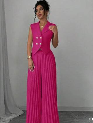 Summer Sleeveless Suit Fashion Lapel Button Vest Top And Pleated Straight Pants Women's Trousers Set Clothing - Velora