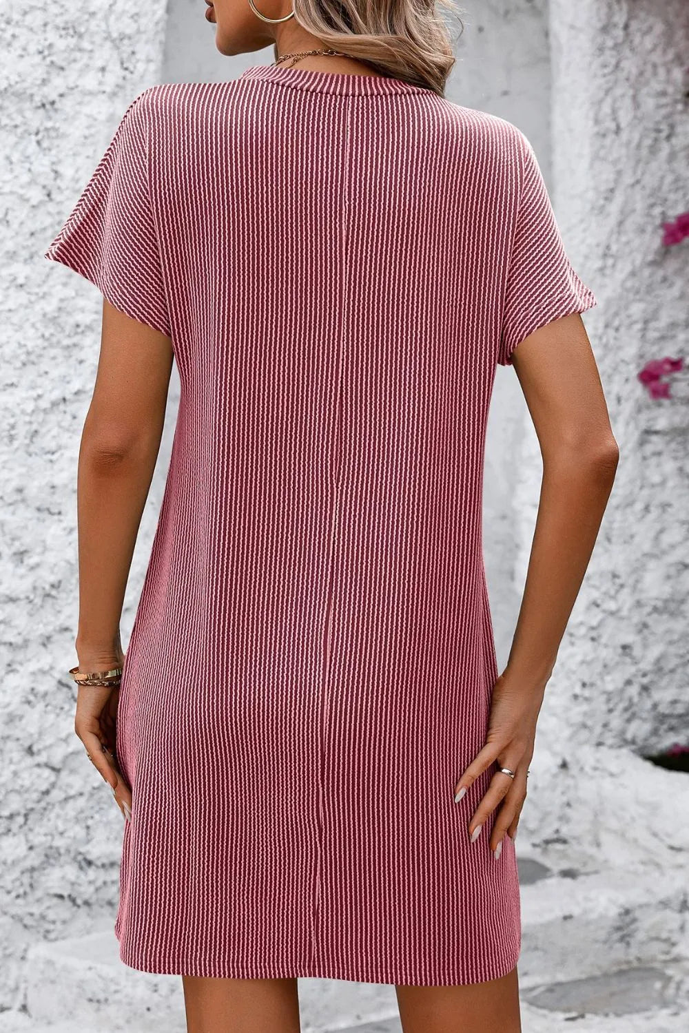 Mandy Ribbed Striped Short Sleeve Mini Tee Dress - Velora