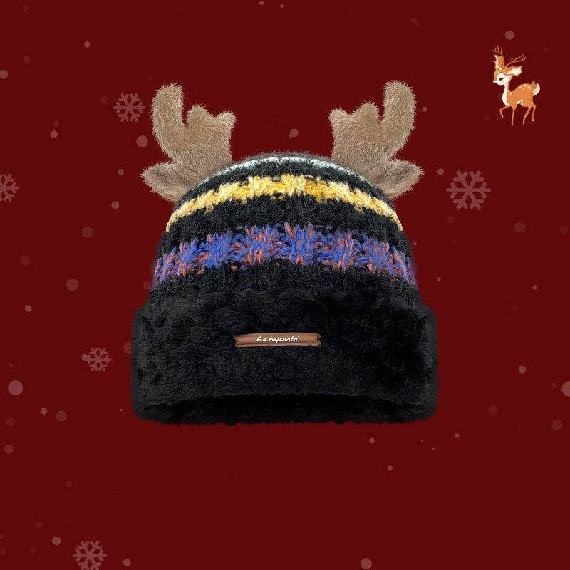 Christmas Knitted Hat With Cute Deer Antler Winter Warm Thick Hat For Girls Women - Velora