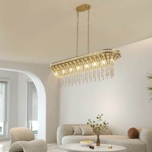 Modern Champagne Gold Kitchen Island Lamp - Oval Crystal Ceiling Chandelier - Velora