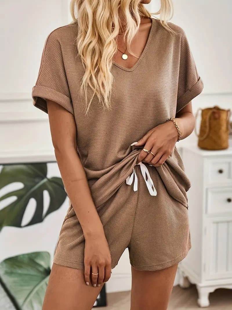 Solid Color Summer And Spring Casual Two-piece Set With V-neck Short-sleeved Top And Drawstring Shorts - Velora