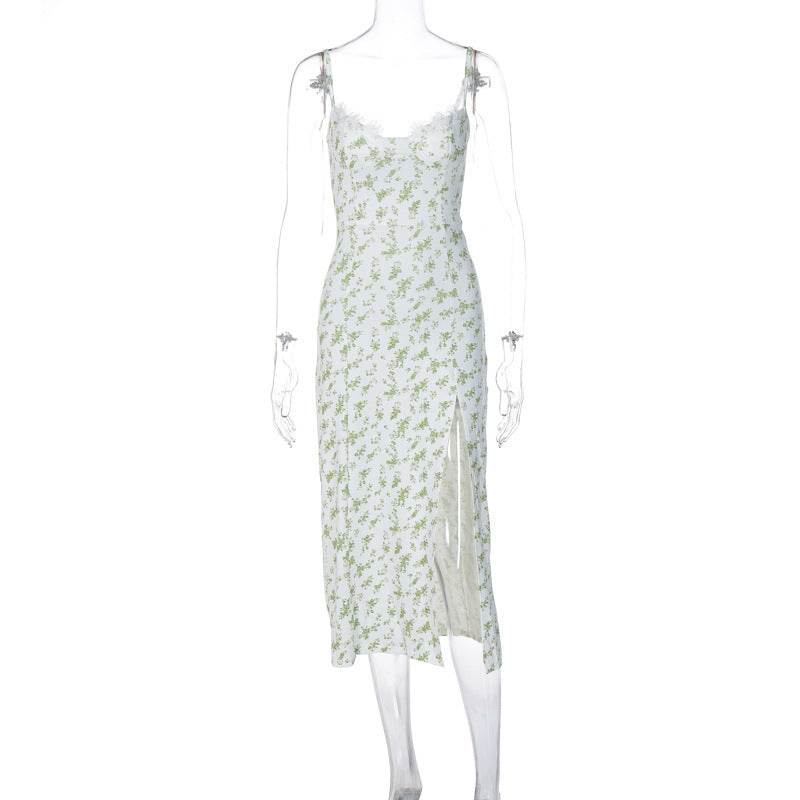 Lace Flowers Print Long Dress Sexy Fashion Slit Suspender Dress Summer Womens Clothing - Velora