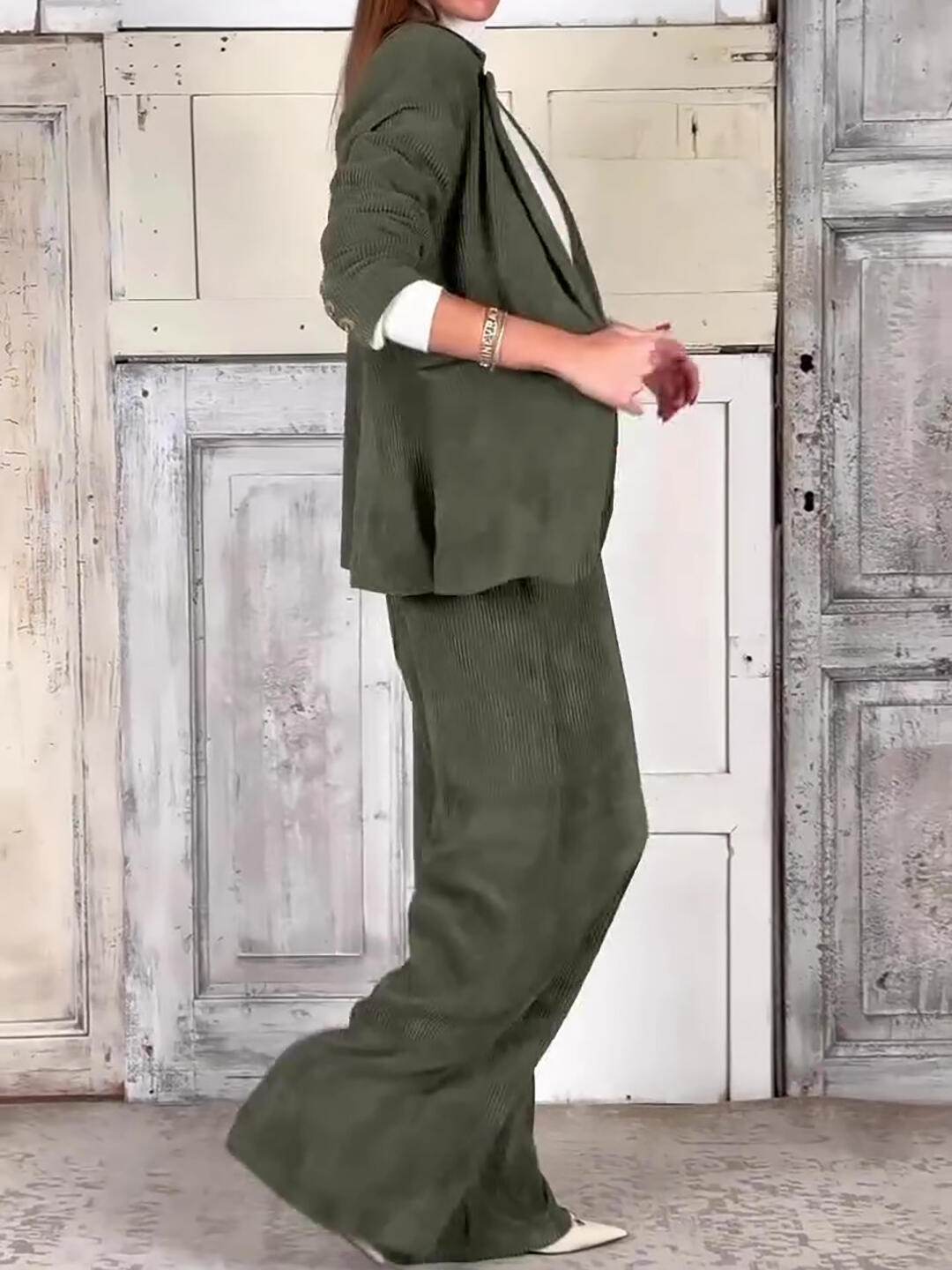 Casual Commuting Corduroy Blazer & Pants Set - Velora