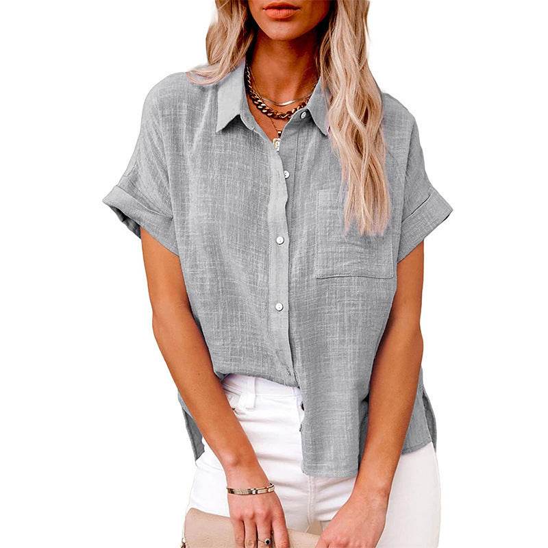 Summer Lapel Short Sleeve Shirt With Pockets Fashion Casual Solid Color Button Tops Women's Clothing - Velora