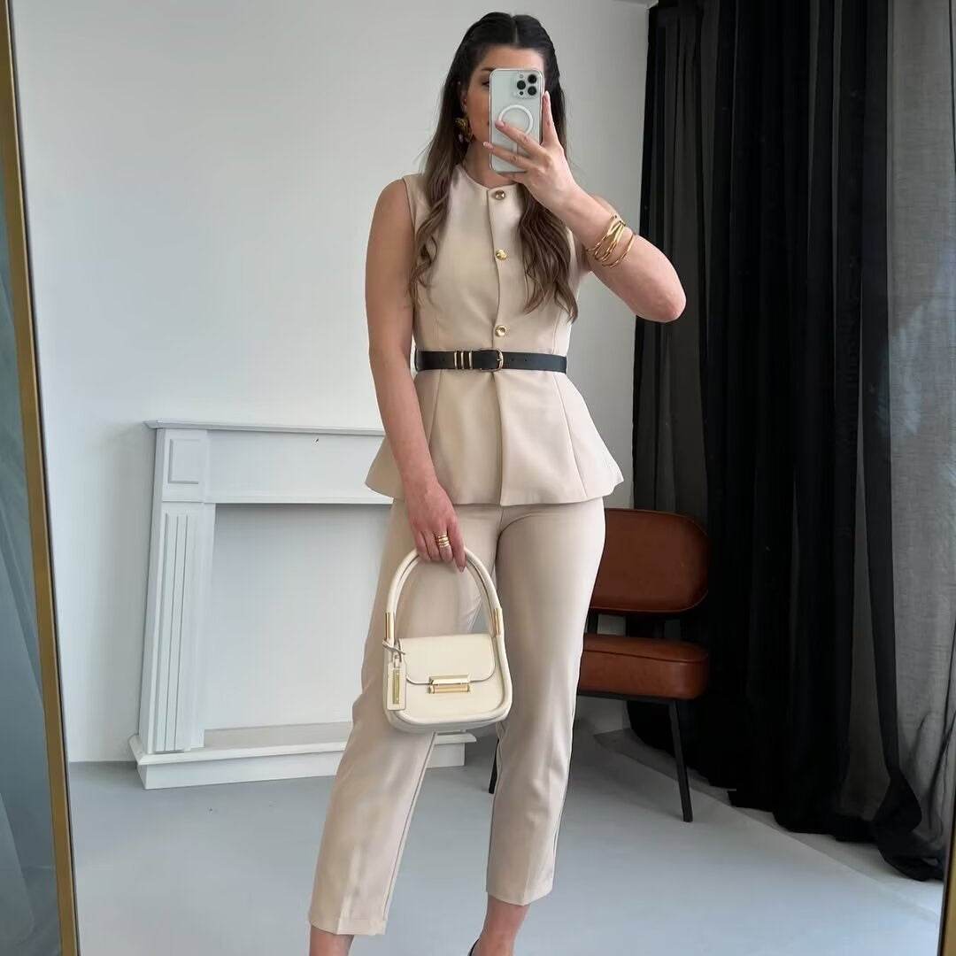 Belt Simple Sleeveless Shirt Bandage Dress Waist-tight Vest - Velora