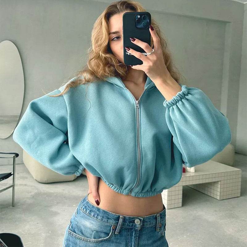 Casual Solid Color Hooded Short Jacket Y2K Fashion Sports Sweatshirt Long Sleeve Zip Up Cardigan Hoodies Women's Clothing - Velora
