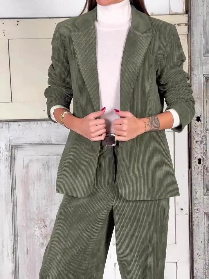 Casual Commuting Corduroy Blazer & Pants Set - Velora