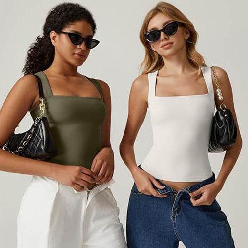 Summer Square-neck Tank Vest Ins Fashion Slim Solid Sleeveless Tops For Women Clothing - Velora