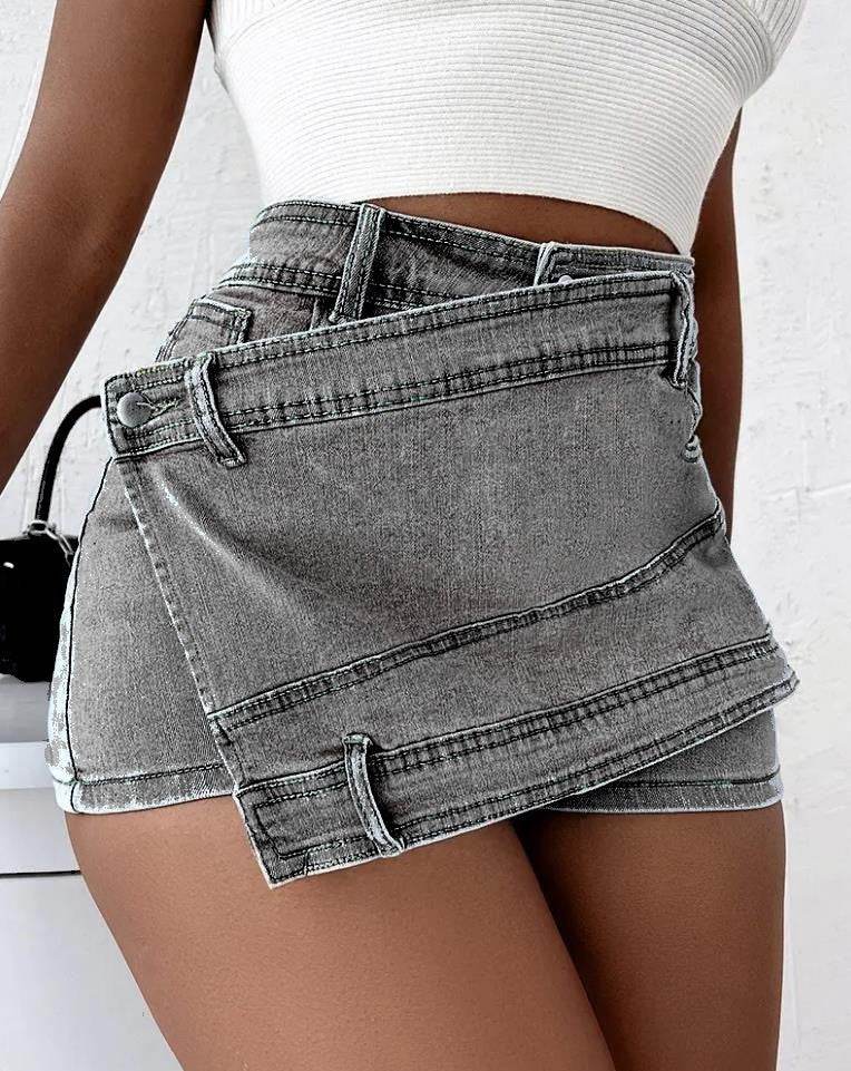 Y2K Street Vintage Denim Shorts Stretch Overlap Waist Wrap Solid Asymmetrical Hem A-Line Skinny Mini Skorts Skirt - Velora