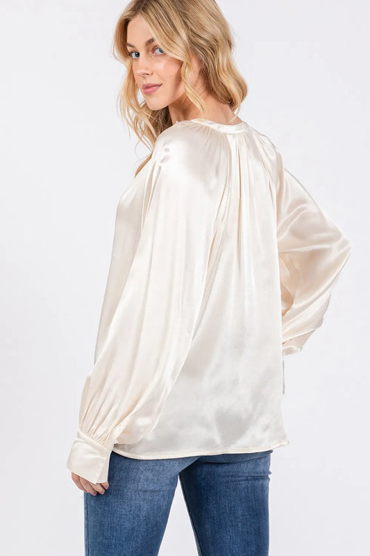 SAGE + FIG Notched Long Sleeve Blouse - Velora