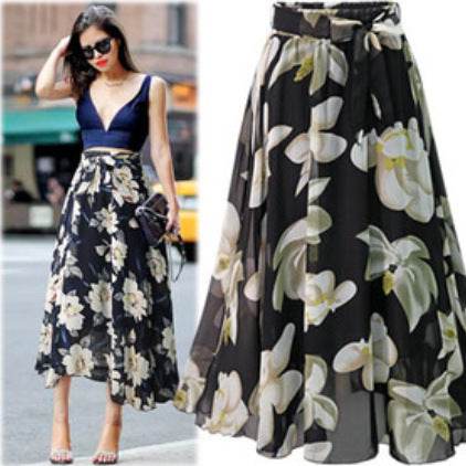 Women Formal Work Office High Waist Floral Midi Big Swing Chiffon Skirt - Velora