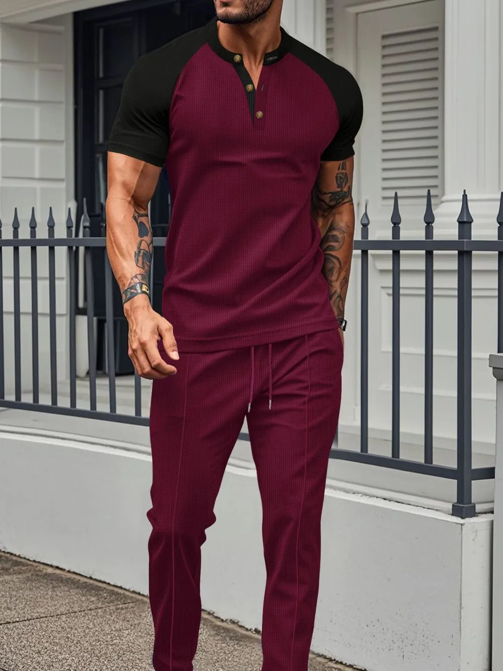 Men's Full Size Waffle-Knit Contrast Top and Drawstring Pants Set Plus Size - Velora