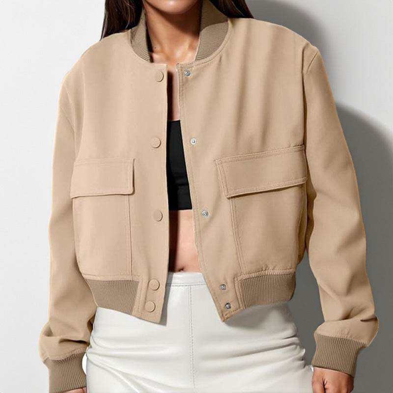 Fashion Button Stand-collar Jacket With Big Pockets Casual Loose Short Outwear Tops Coat For Women Clothing - Velora