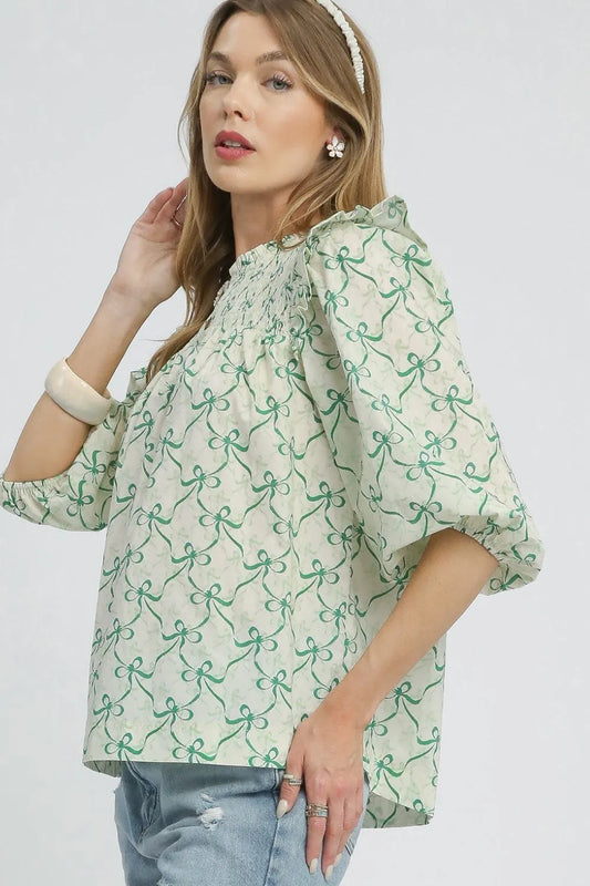 Umgee Ruffled Bow Print Notched Blouse - Velora