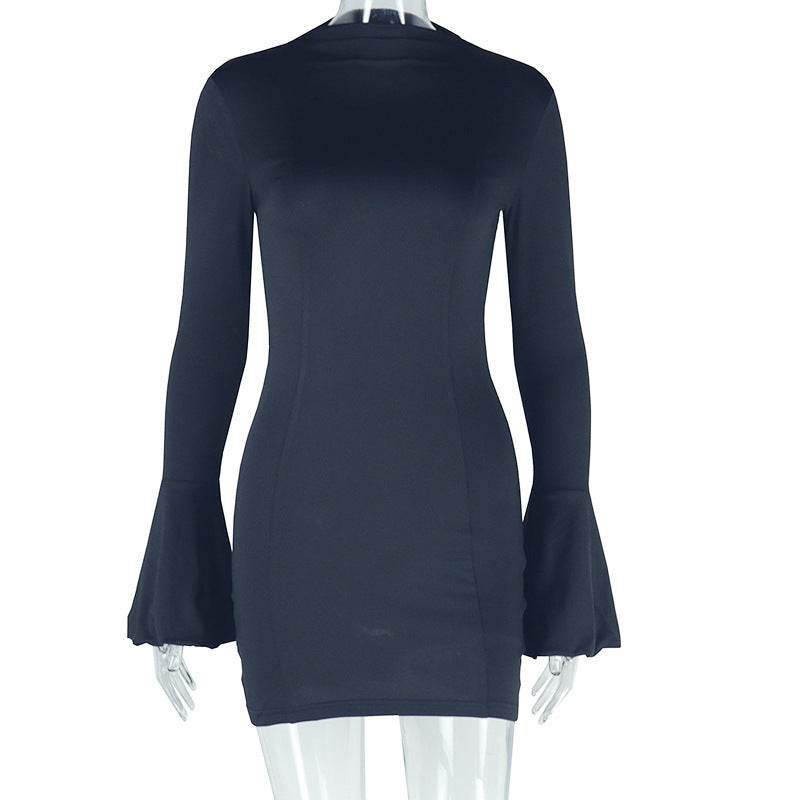 Skinny Short Dress Round Neck Long Sleeve - Velora